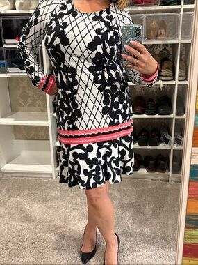 Joseph Ribkoff Black & White Printed Long-Sleeve Dress with Pink Trim